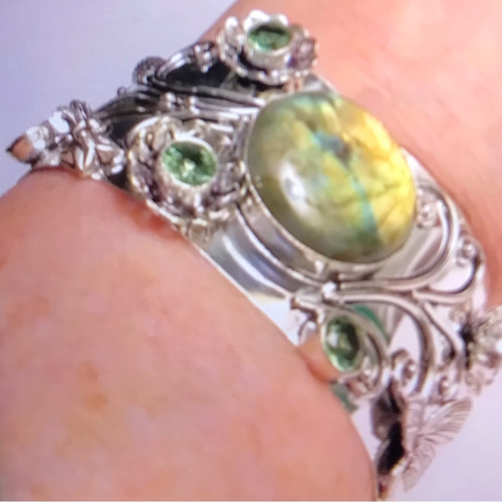 Labradorite Peridot Stamped Solid 925 Sterling Silver Cuff Bracelet
